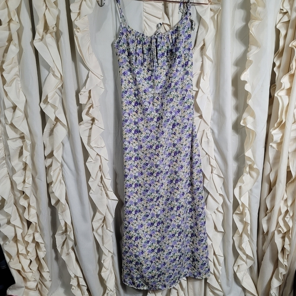 Whyte Valentyne Ditsy Floral Midi Dress Smocked Adjustable Straps Purple Yellow